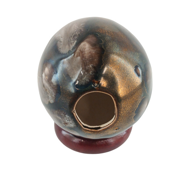 Handcrafted Glazed Ceramic Egg Ornament with Stand Earth Tone Drip Glaze Finish - Picture 6 of 10